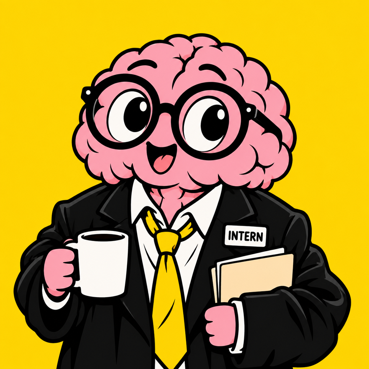 Our fictional pink brain intern in oversized glasses and a black suit, carrying a coffee and a folder.